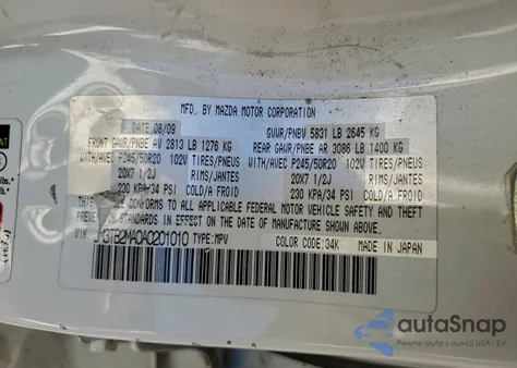 2010 Mazda Cx-9 из США, поврежденный, VIN JM3TB2MA0A0201010